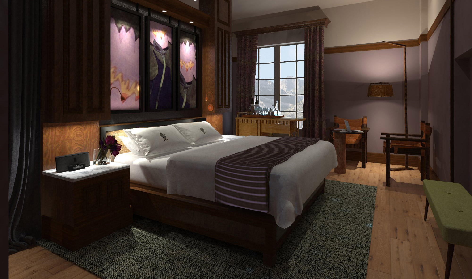 Rendering of a typical guest room with purple hues and mood lighting. 