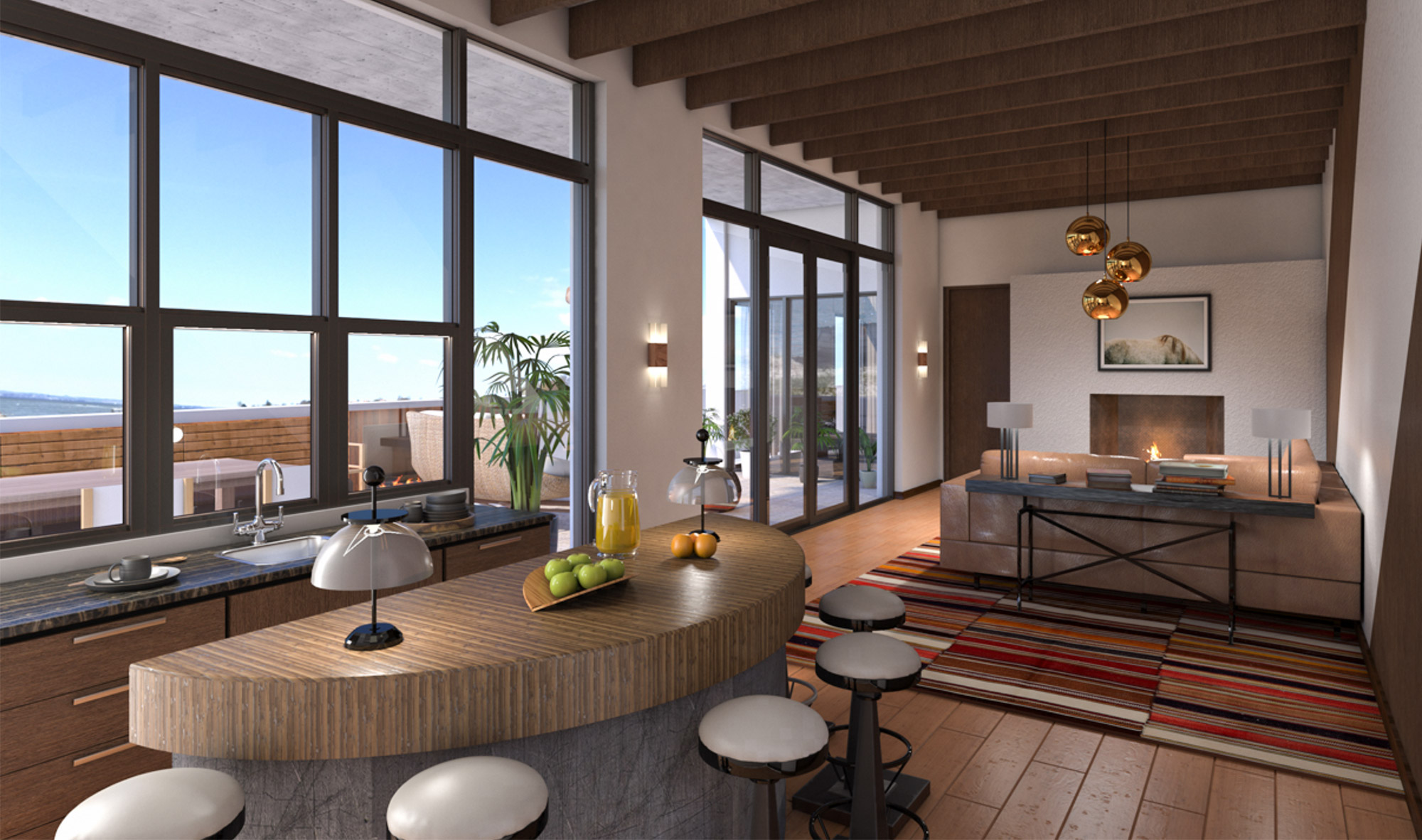 The Modern Penthouse living space with a bar and stools and couch. 