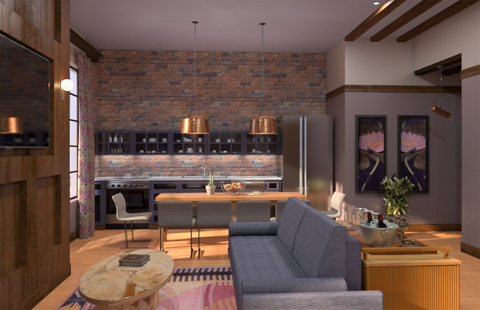 Rendering of the extended stay loft with a red brick tile accent wall, grey couch, kitchen table and flat screen tv. 