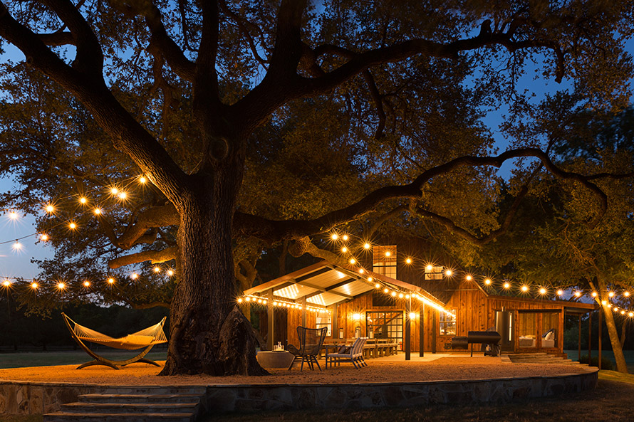 Round Table Design's project in Waco. Beautiful backyard with a large tree covering a patio with a long wood table and lights draping all over.