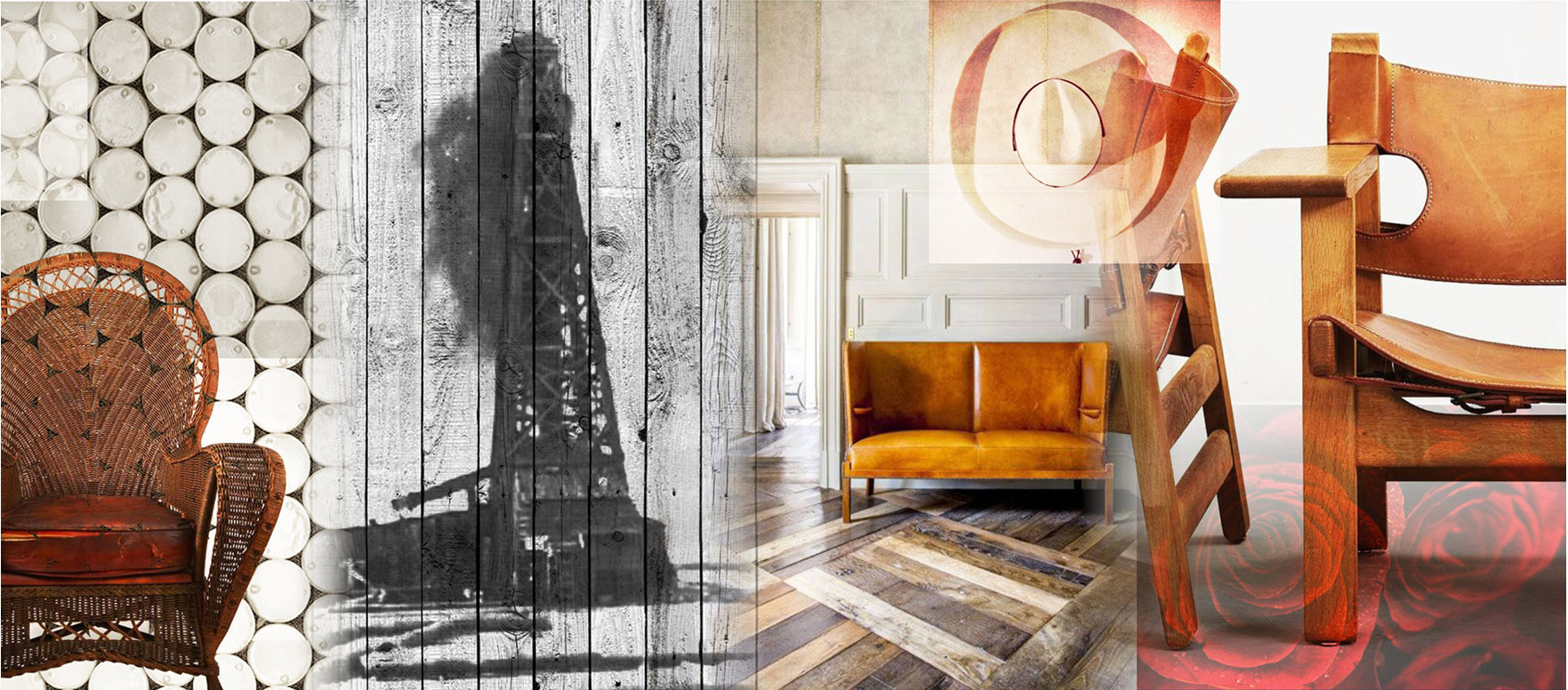 Mood board for Hotel Santa Rita oil rig, three brown leather chairs, and a wicker chair.