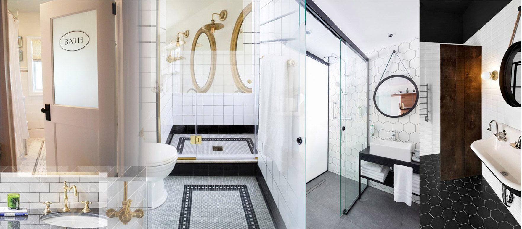 Design concept for Santa Rita Hotel bathrooms, black tile, white walls, glass showers.