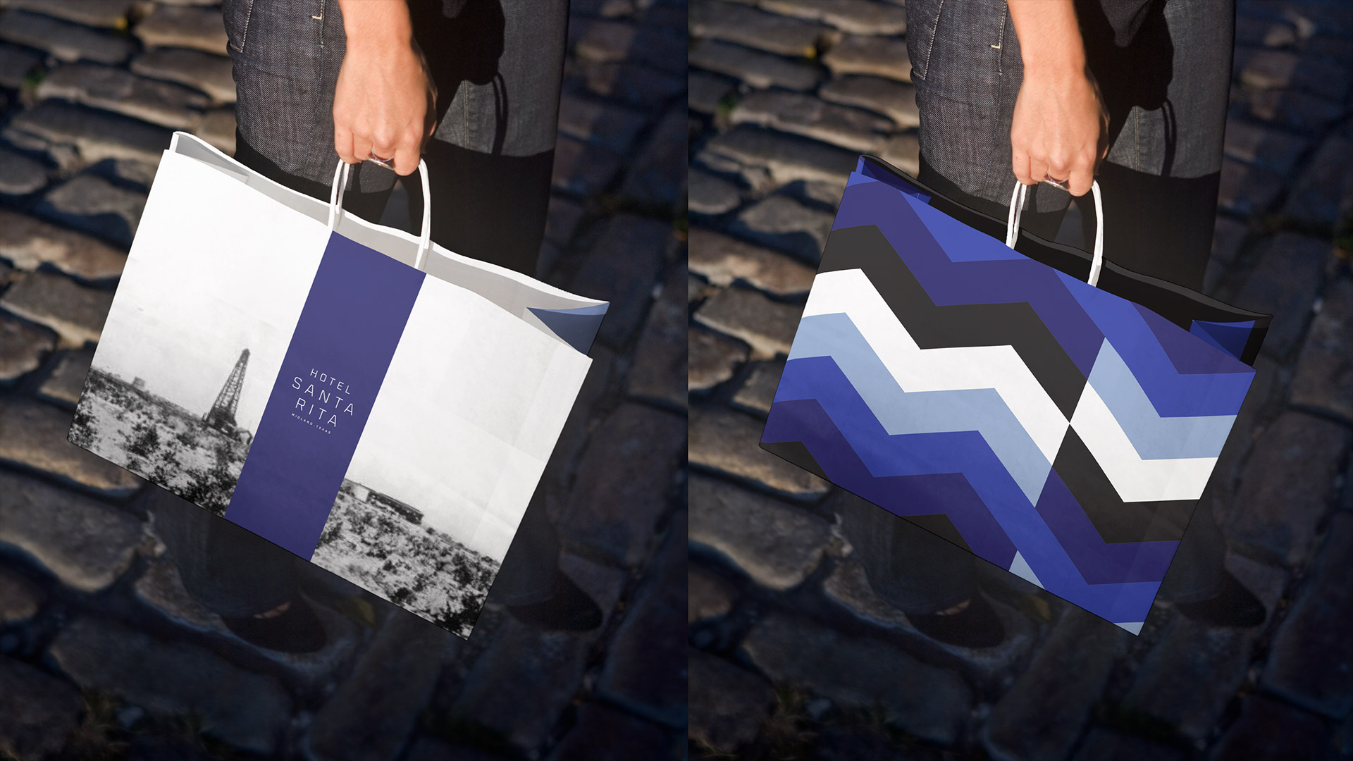 Hotel Santa Rita logo on a shopping bag with a blue and black chevron pattern and a picture of Midland with an oil rig.