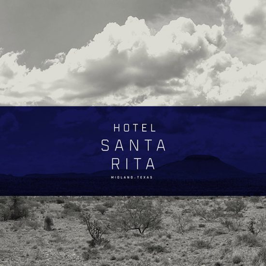 Our hospitality design project, Hotel Santa Rita logo on top of West Texas scenery created by Round Table Design.