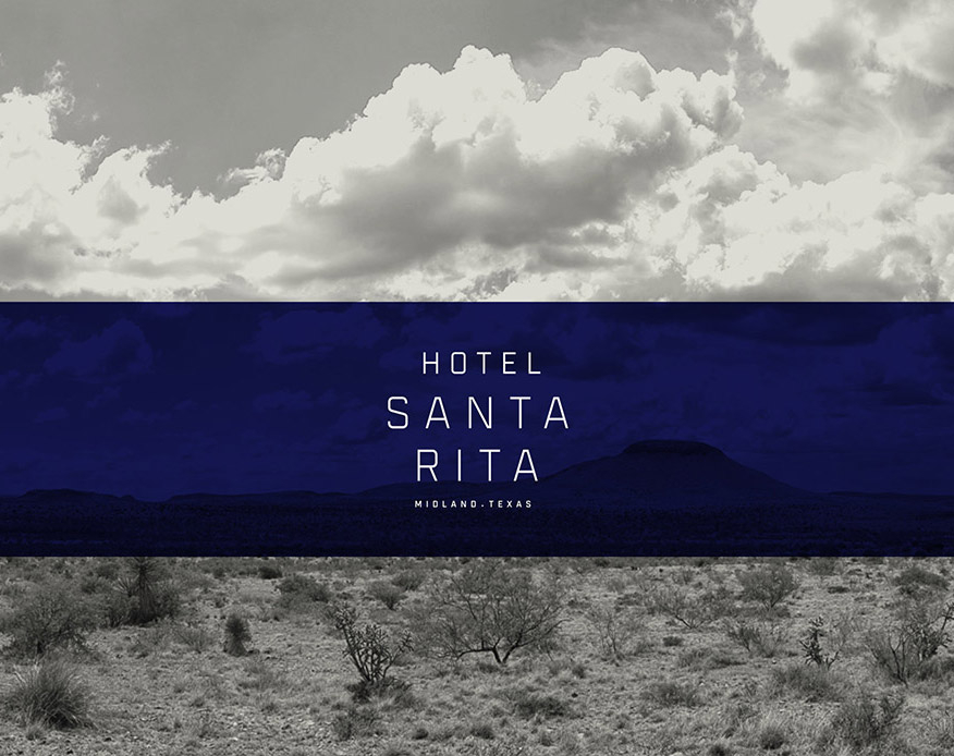 Our hospitality design project, Hotel Santa Rita logo on top of West Texas scenery created by Round Table Design.