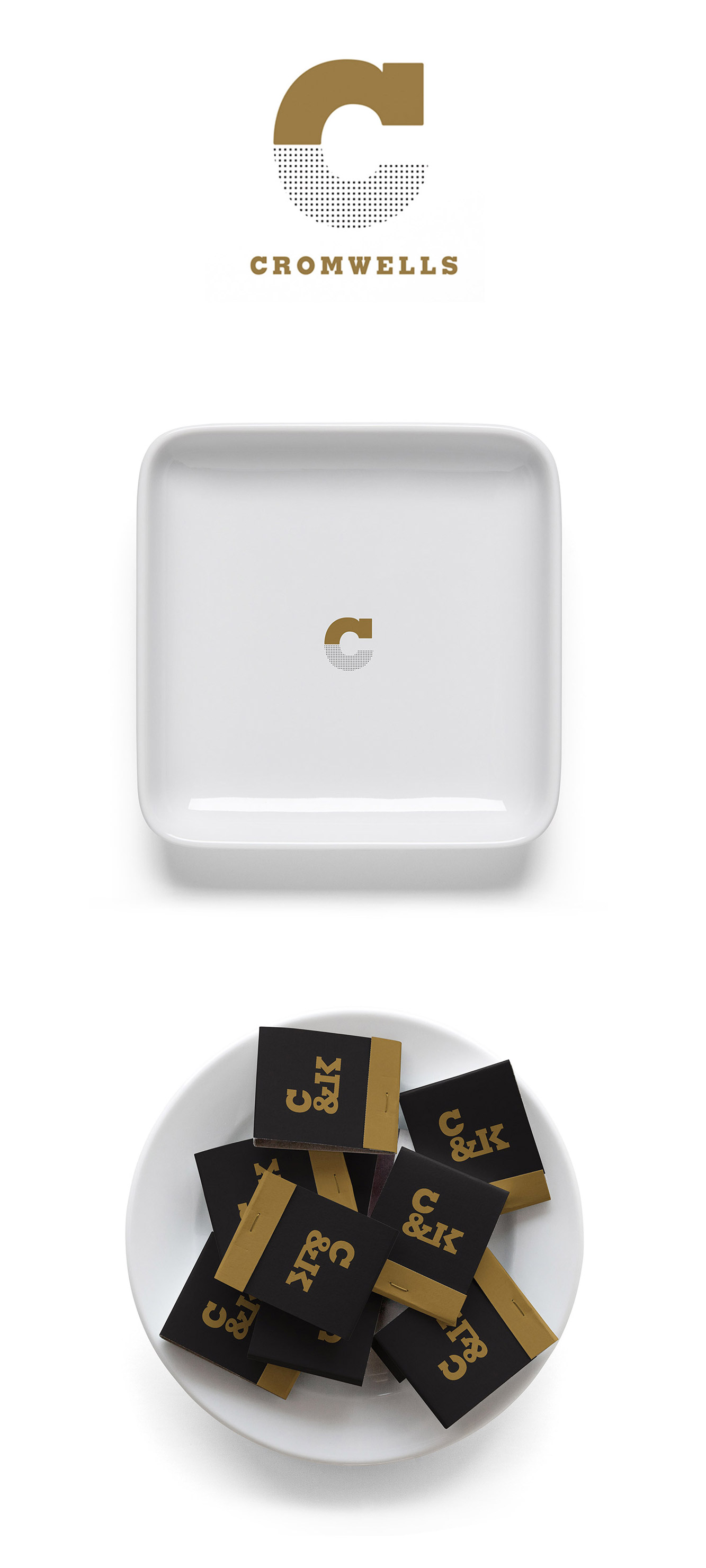 Cromwells logo, ash tray with the logo, and bowl with black and gold matches with the logo.
