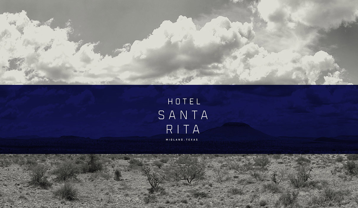 Hotel Santa Rita Logo on top of West Texas scenery. 