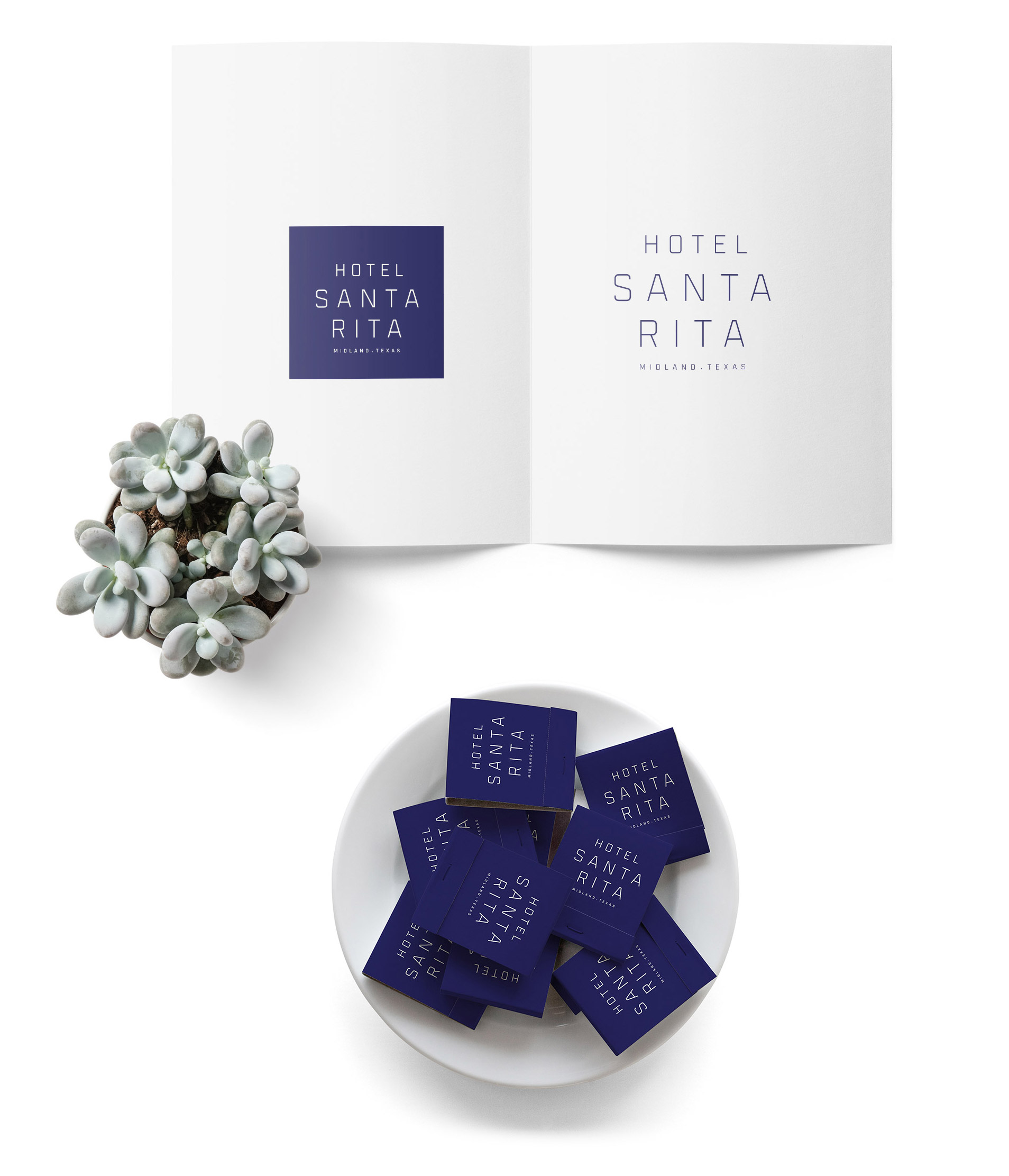Hotel Santa Rita logo on blue matches and an open book. 