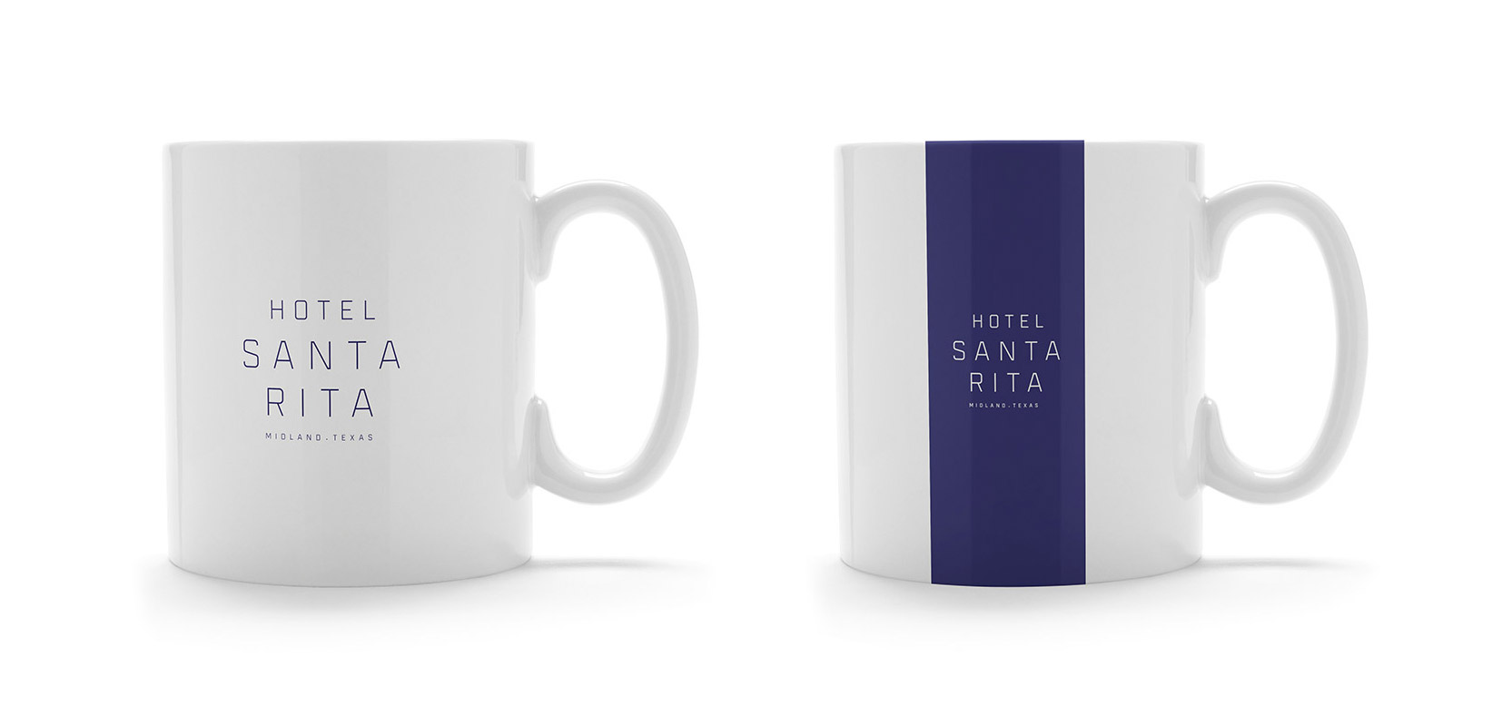 White coffee mugs with a blue stripe and the Hotel Santa Rita logo.