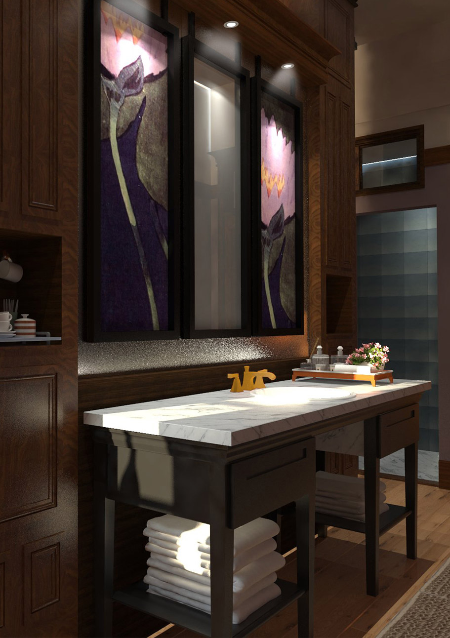 Leslie Phillips-Greco designed this bathroom with purple walls, white countertops, and purple flowers art next to the mirror for the District Hotel.
