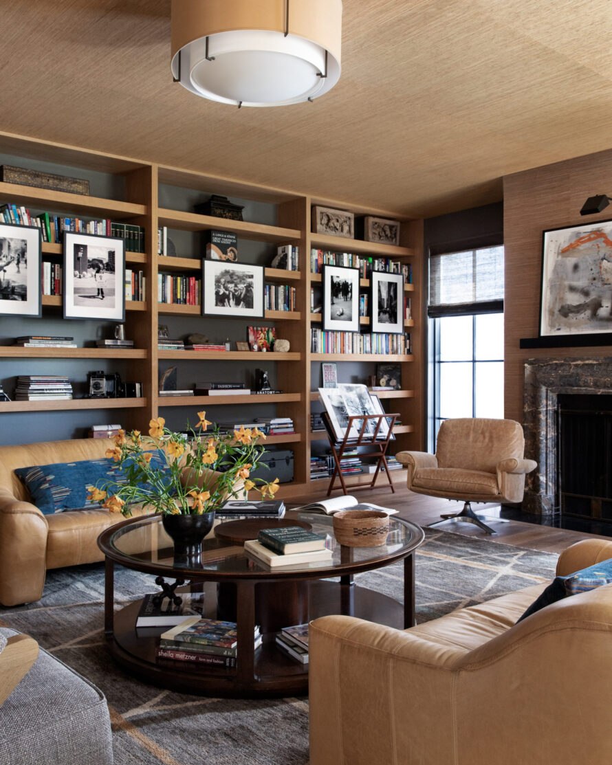 Luxury living room design featuring custom bookshelves